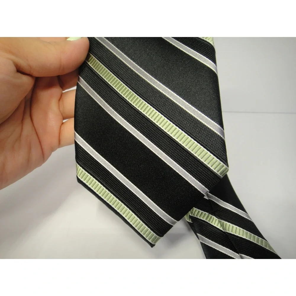 Michael Kors Mens Silk Necktie Black Lime Green Silver Diagonal Stripe RN 121148